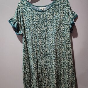 Casual Teal and Cream Floral Shift Dress Flutter Sleeve Knee Length